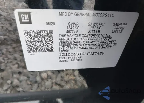 2020 Chevrolet Malibu Fwd Lt z USA, uszkodzony, nr VIN 1G1ZD5ST3LF137430